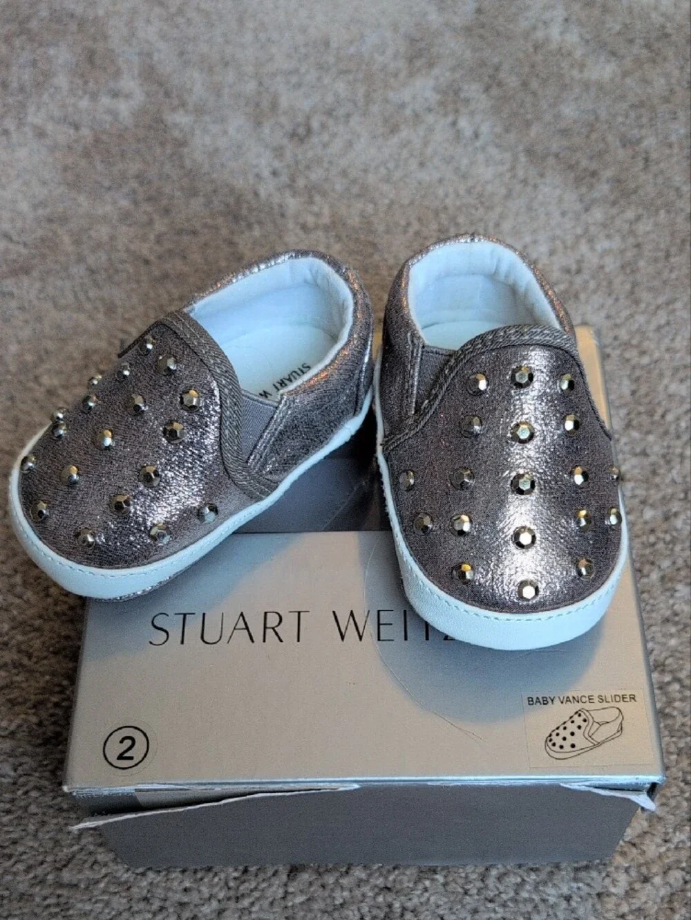NIB - Stuart Weitzman Metallic Rise Gold Studded Baby Slip-On Shoes (Size 2)